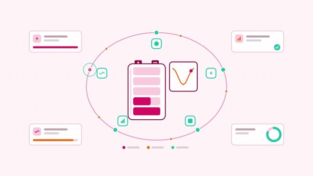 Animated storage arbitrage price charge visualised as a loop cycle in a modern flat vector style. Smooth looping 4K motion graphic with soft warm red and coral colours, floating interface cards and fl
