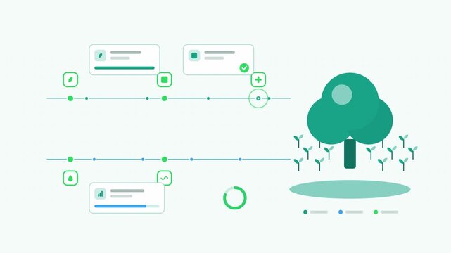 Animated agroforestry system tree crop visualised as a parallel lanes in a modern flat vector style. Smooth looping 4K motion graphic with soft teal and turquoise colours, floating interface cards and