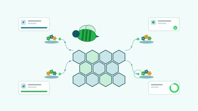 Animated pollinator habitat planting site visualised as a node network in a modern flat vector style. Smooth looping 4K motion graphic with soft fresh green colours, floating interface cards and flowi