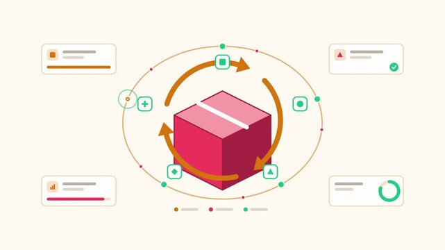 Seamless 4K looping animation showing a take back program return presented as a loop cycle. Flat vector icons, UI cards and animated connector lines move across a clean light background in warm red an
