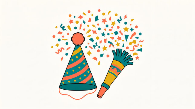 Colorful party hat and noise maker blower with confetti for birthday