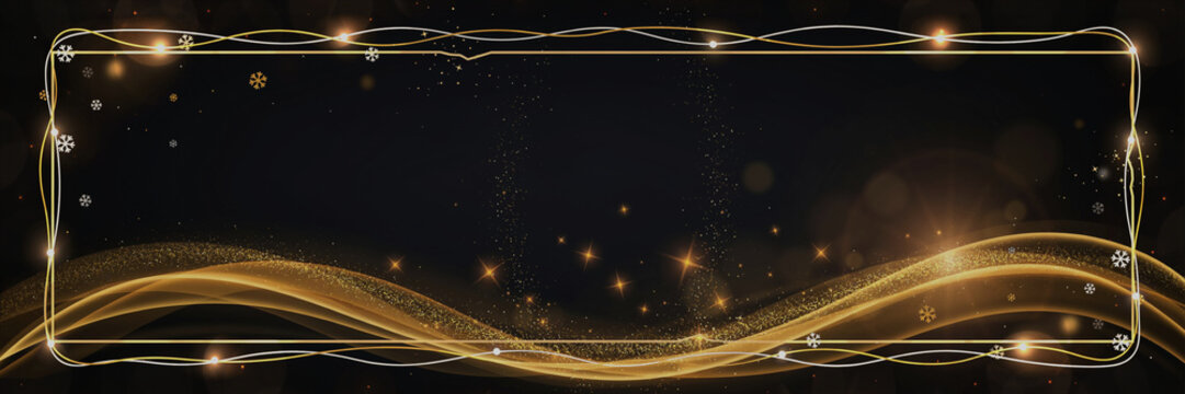 Luxury black background with golden glitter wave, glowing light trails, sparkling stars, gold and silver string lights frame, snowflakes and elegant gold frame, Christmas banner with large empty copy 