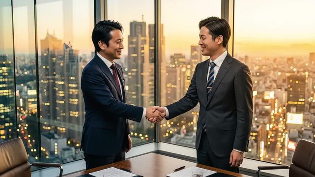 夕暮れの高層オフィスで握手をして、商談を始める二人の男性会社員