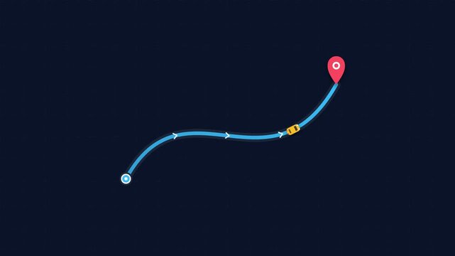 Animated digital path visualization with a moving marker and vehicle icon, on a dark grid background, symbolizing navigation, journey progression, and destination arrival, representing logistics