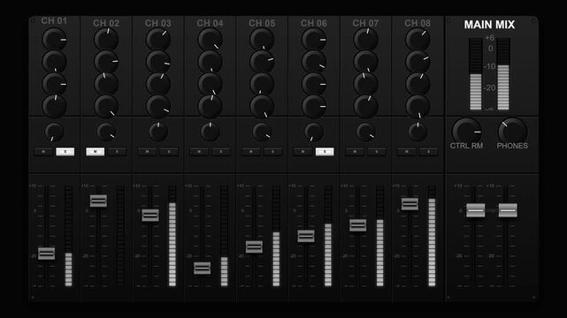 Sound Mixer Console with Moving Faders for Digital Audio Production
