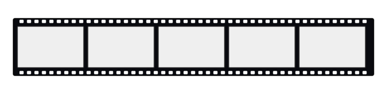 Film Strip Vector with Five Empty Rectangular Frames and Perforation Holes Along Top and Bottom Edges, Editable Cinematic Film Reel Frame Template, Movie Photography, Video Production, Cinema Storytel