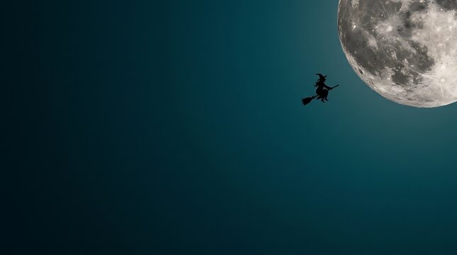 A solitary witch flies across the earth on a dark and mysterious halloween night soaring through the cosmos