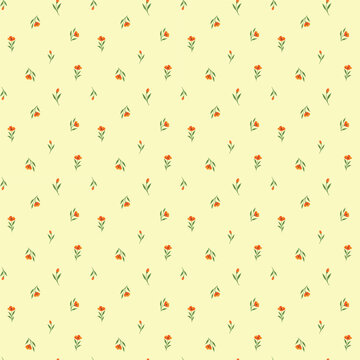 Vibrant orange red floral seamless pattern on warm buttery yellow background for cheerful summer dresses, textiles, wallpaper
