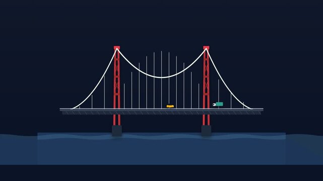 Animated suspension bridge with minimal cars crossing, shown in a seamless loop on a dark background, symbolizing connection, transit, and infrastructure development