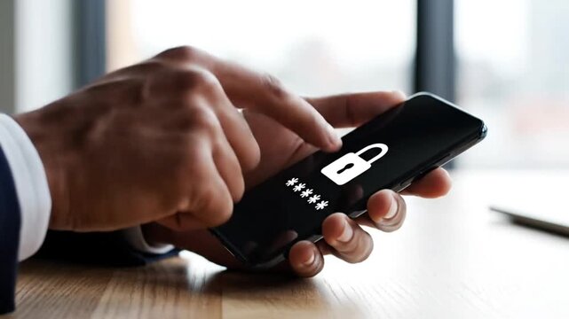 Close up of person's hands holding smartphone entering password with lock icon displayed security concept digital safety and privacy concerns user authentication on mobile device.