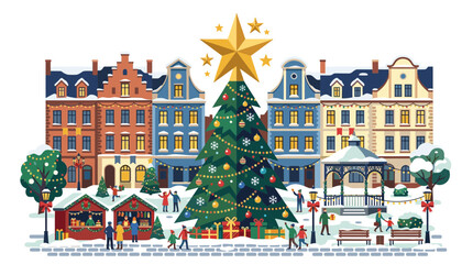 Christmas Market Town Square with Decorated Tree and Festive Stalls © Muhamad