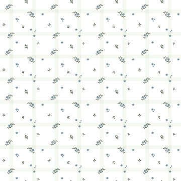 Rustic blue micro floral seamless pattern on soft sage green plaid grid background for country style fabric, home decor print