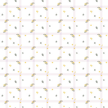 Delicate yellow micro floral seamless pattern on soft lilac purple check grid background for nursery wallpaper, cute fabric print