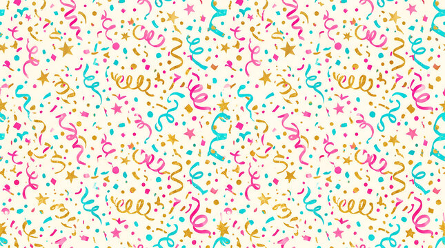 Seamless pattern with colorful confetti and gold stars for birthday