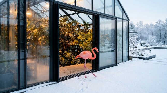 A winter scene shows a greenhouse with plants inside, and a pink flamingo decoration stands outside in the snow. This image evokes a sense of contrast between seasons, unique decoration.