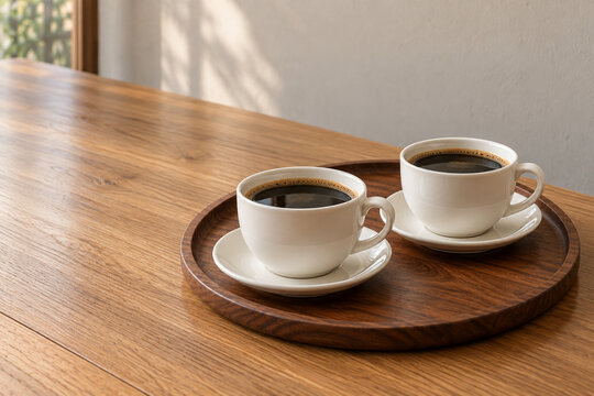 Two Americano Cups on a Wooden Cafe Serving Tray