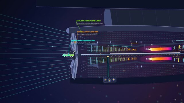 Educational animation of turbofan engine compressor combustion and expansion process detailing acoustic honeycomb liner dovetail root lock disk and high enthalpy plasma expansion dynamics