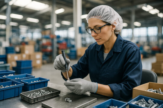 Factory worker assembling small metal parts at a workbench