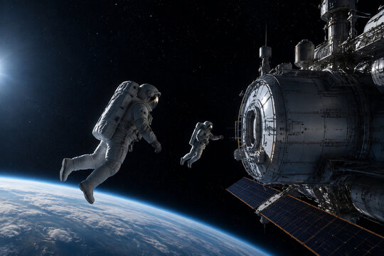 Astronauts approaching space station module in orbit, space exploration concept