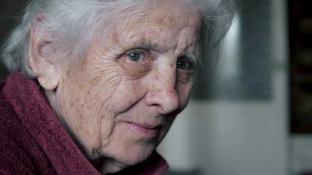 Closeup portrait of serene elderly woman with deep wrinkles and gray hair. Expressing calm emotions and gentle smile while reflecting on life experiences in quiet home. Old female looking tv