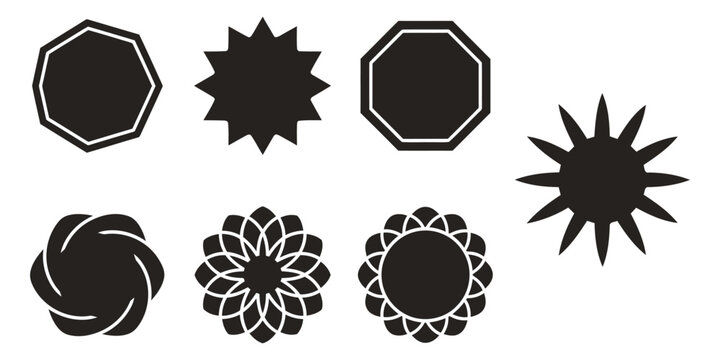 Set of eight black geometric shapes and decorative floral silhouettes