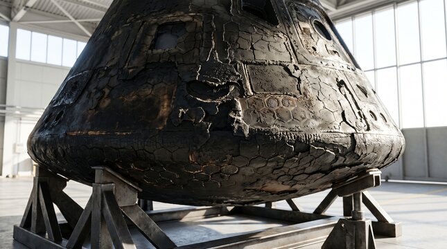 Charred Ablative Heat Shield of a Returned Space Capsule on a Stand in a Bright Hangar