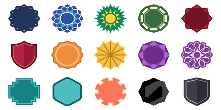 Set of fifteen colorful geometric badges, emblems, and shields with transparent background