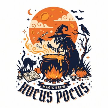 Hocus Pocus Halloween t-shirt design with witch stirring a bubbling cauldron, potion bottles, spell book and full moon badge
