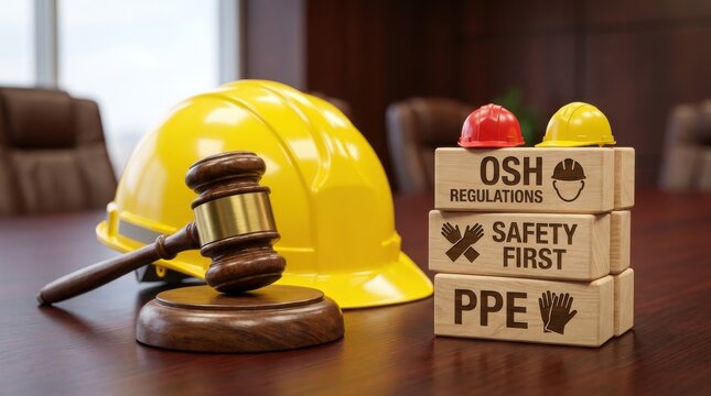 A wooden judges gavel placed next to a yellow construction hard hat and stacked wooden blocks representing occupational safety and health regulations