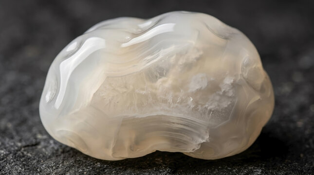 Close-up of a white translucent chalcedony mineral on a dark rough surface. Polished agate gemstone with banded texture and internal crystal structure