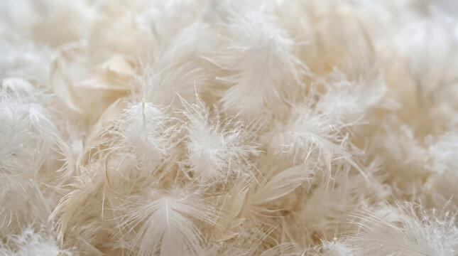 Close-up of soft white down feathers. Fluffy pillow filling texture background. Macro photography of delicate bird plumage