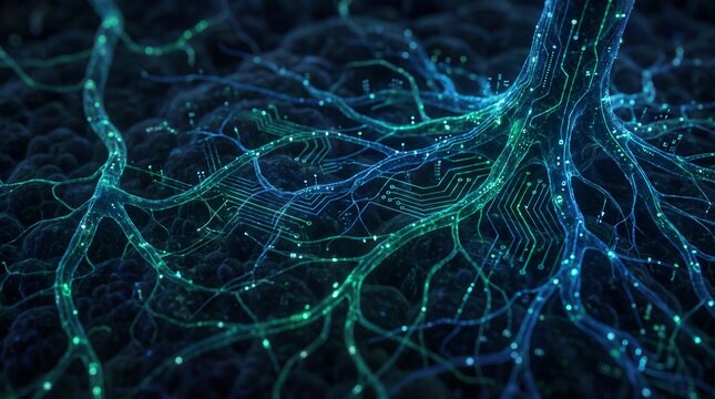 Bioluminescent organic roots forming digital circuit network background - Abstract technology meets nature concept.