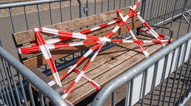 Red Tape Concept, Wooden Park Bench Completely Wrapped In Red And White Barrier Tape Behind Metal Railings