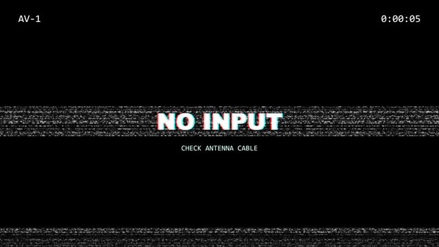 Vintage television no input screen with vhs glitch effect