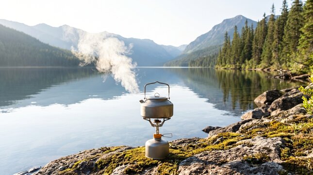Boil The Ocean Concept, Tiny Camping Kettle Steaming On Gas Stove At Edge Of Vast Mountain Lake