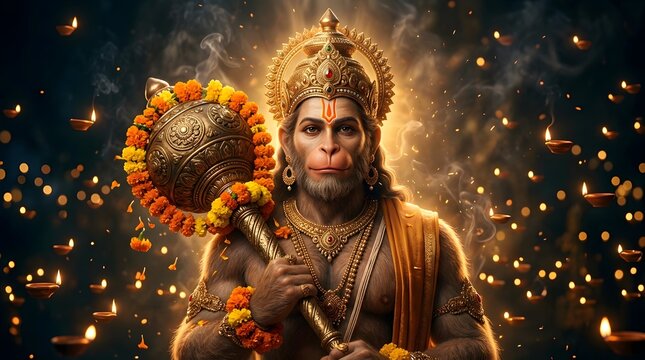 Divine depiction of Hanuman with mace and illuminated background