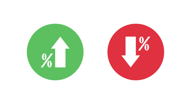 Percentage arrow up and down icon in green and red circle. Interest rate increase and discount decrease symbol