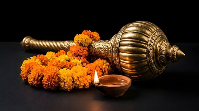 Traditional Indian mace with marigold garland and oil lamp on dark background