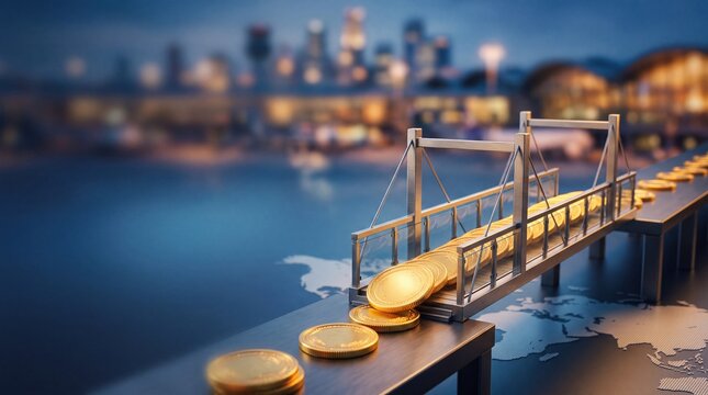 Gold Coins Cross a Small Bridge in a Visual Metaphor for Moving Money Between Countries