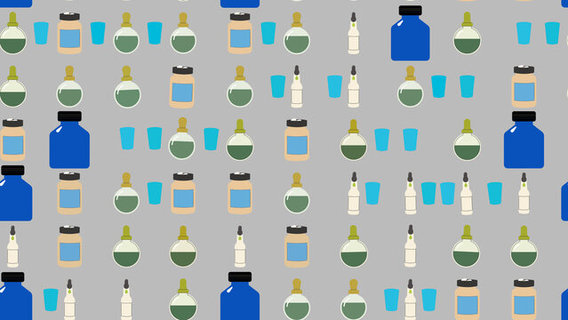 Seamless pattern of laboratory bottles and glasses