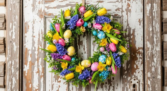 A charming Easter wreath adorns a weathered wooden door, featuring colorful pastel eggs and vibrant spring flowers in a rustic cottage, decor, home, floral