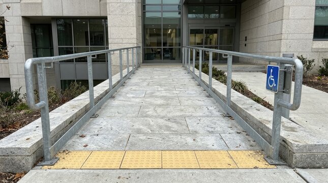 A concrete wheelchair ramp with metal handrails leading to a building entrance, featuring a tactile yellow warning strip for accessibility and safety international day of persons with disabilities
