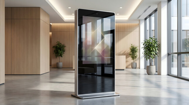 Vertical digital signage kiosk with a glowing abstract display, standing in a spacious office lobby with wood paneling and concrete floors