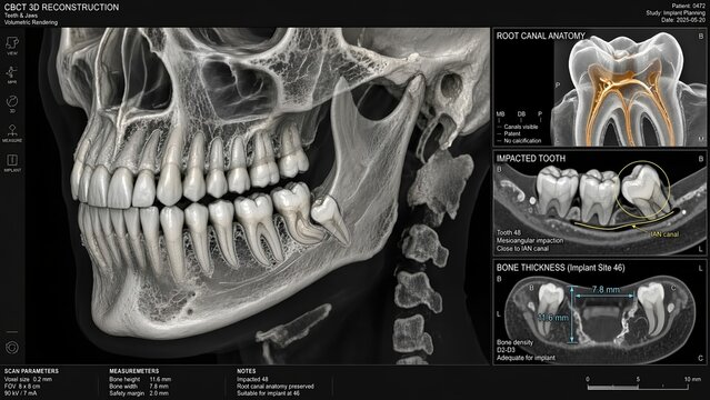 3d medical illustration of cbct scan showing three dimensional reconstruction of teeth and jaws, with zoomed inset of root canal anatomy, impacted tooth position, and bone thickness