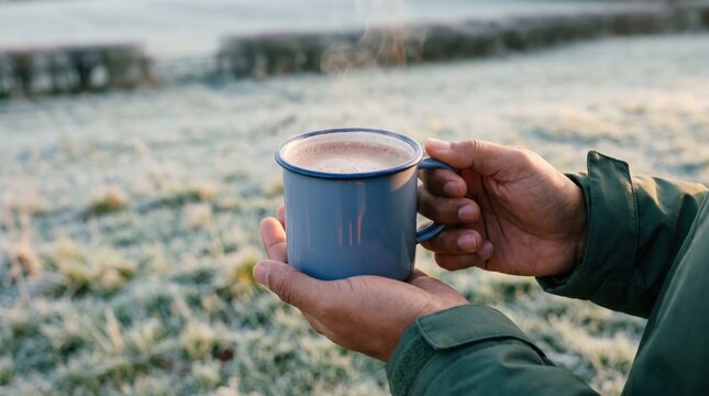 Blue enamel mug of steaming cocoa held by jacketed hands above a frost-covered field, crisp morning light and pale winter grass creating a refreshing outdoor pause with an airy seasonal backdrop