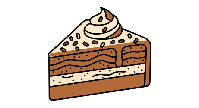 A chocolate layer cake slice is depicted as a colorful vector illustration with a white background
