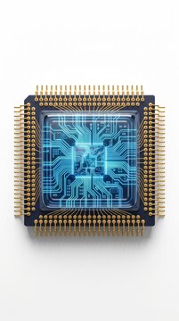 Macro top view of a computer microchip processor with glowing blue circuitry lines on white background