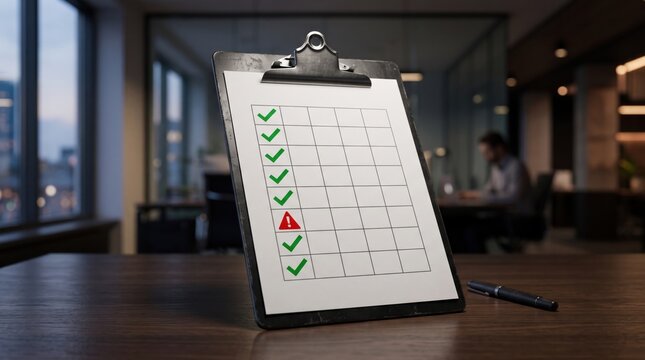 Clipboard with checklist showing green check marks and one red warning triangle on an office desk