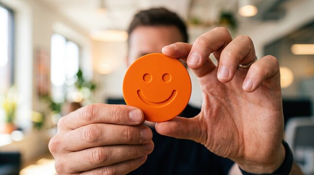Hands holding an orange smiley face circle representing customer satisfaction and positive feedback