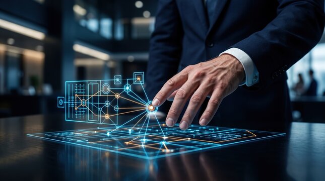 Businessman hand touching a glowing digital holographic interface with network scheme and data analytics